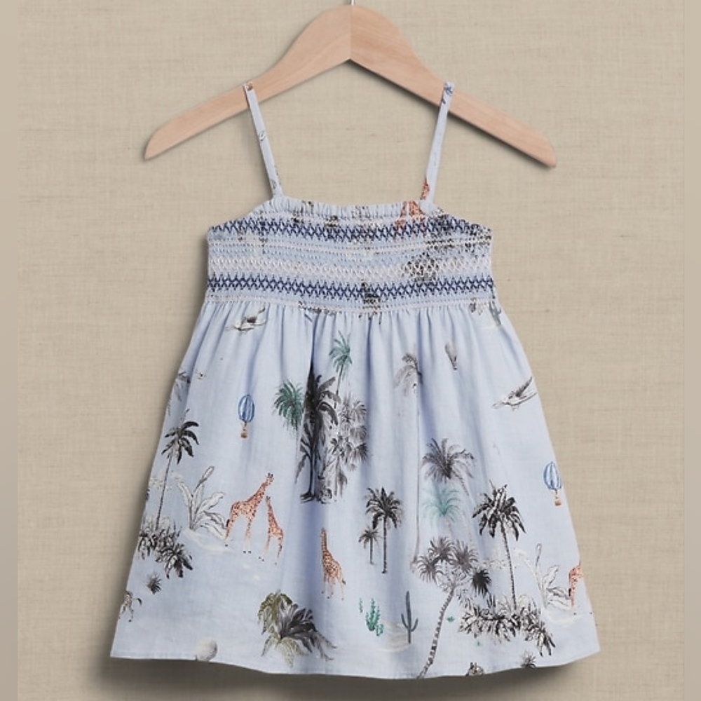 Banana Republic Safari Linen Smocked Dress Crisp Blue 18-24 months Baby Toddler